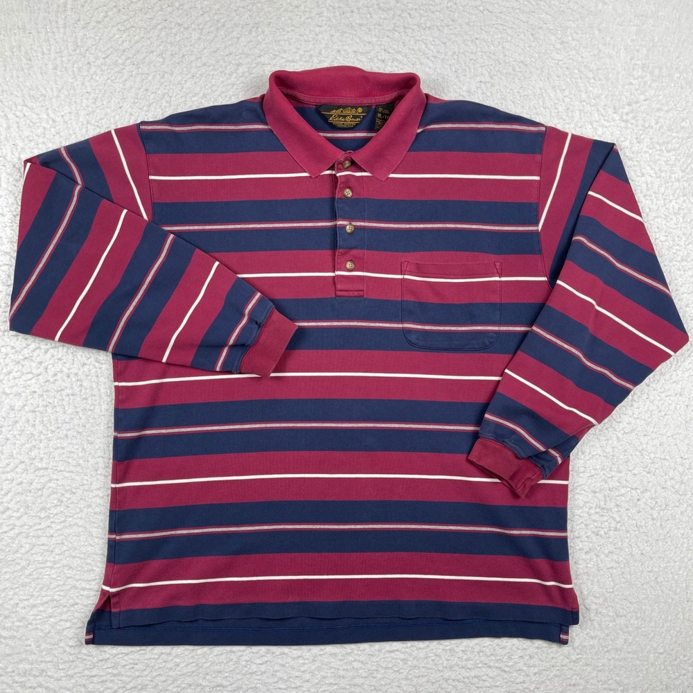 Eddie Bauer Polo‎ Shirt Mens XL Blue Striped Long Sleeve Cotton Pocket